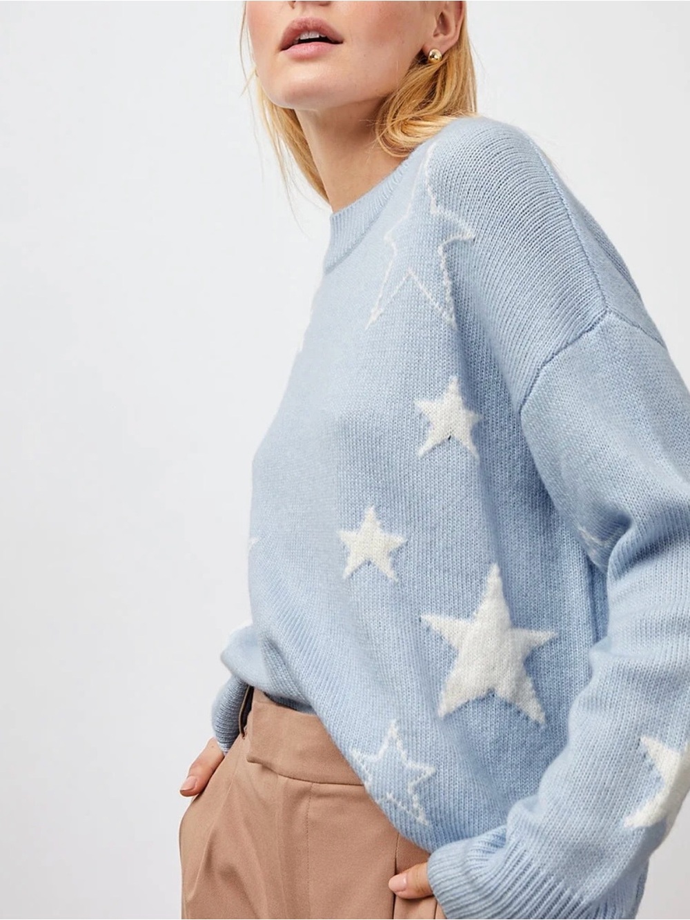 Rails Light Blue Star-Pattern Crewneck Cashmere Sweater - Picture 2 of 5